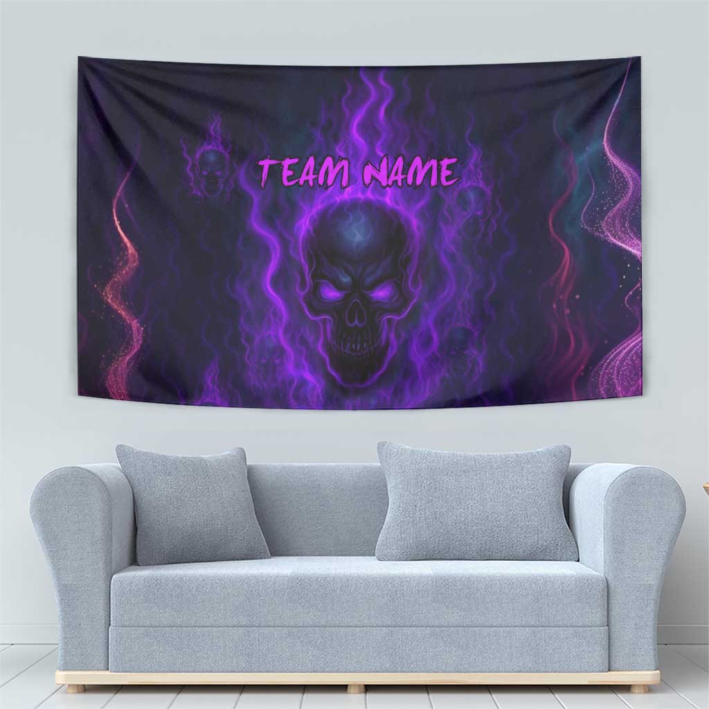 Custom Bowling Purple Flame Skull Tapestry Custom Team Name on Dark Background - Wonder Print Shop