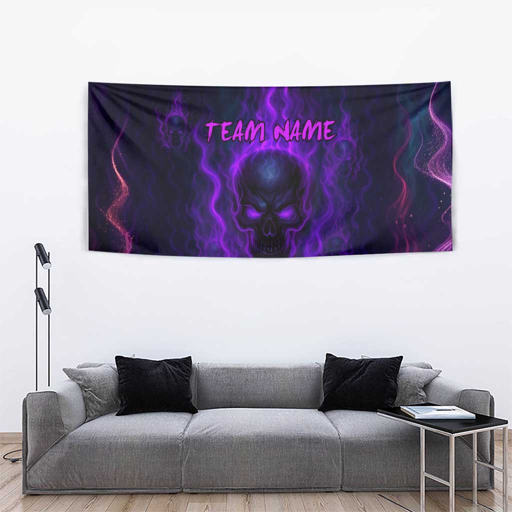 Custom Bowling Purple Flame Skull Tapestry Custom Team Name on Dark Background - Wonder Print Shop