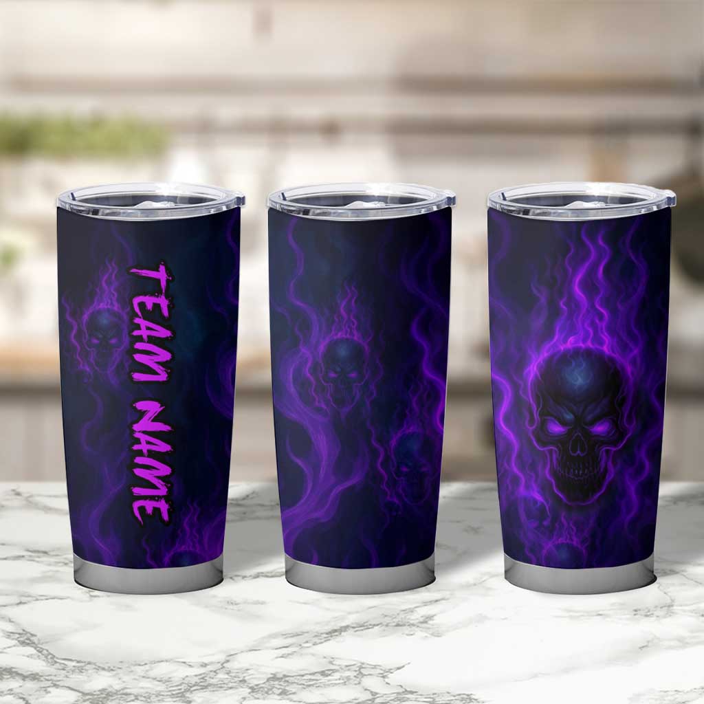 Custom Bowling Purple Flame Skull Tumbler Cup Custom Team Name on Dark Background - Wonder Print Shop