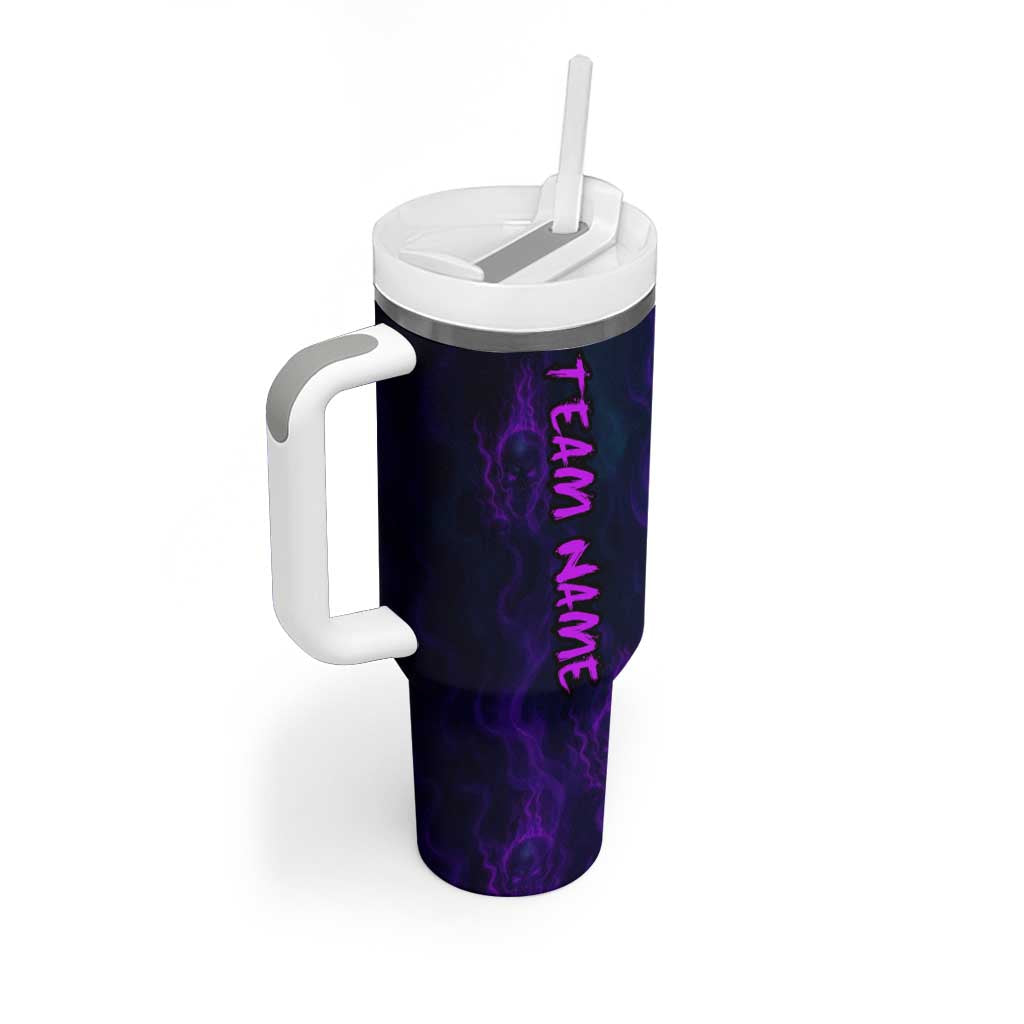Custom Bowling Purple Flame Skull Tumbler With Handle Custom Team Name on Dark Background - Wonder Print Shop