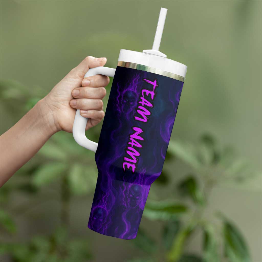 Custom Bowling Purple Flame Skull Tumbler With Handle Custom Team Name on Dark Background - Wonder Print Shop