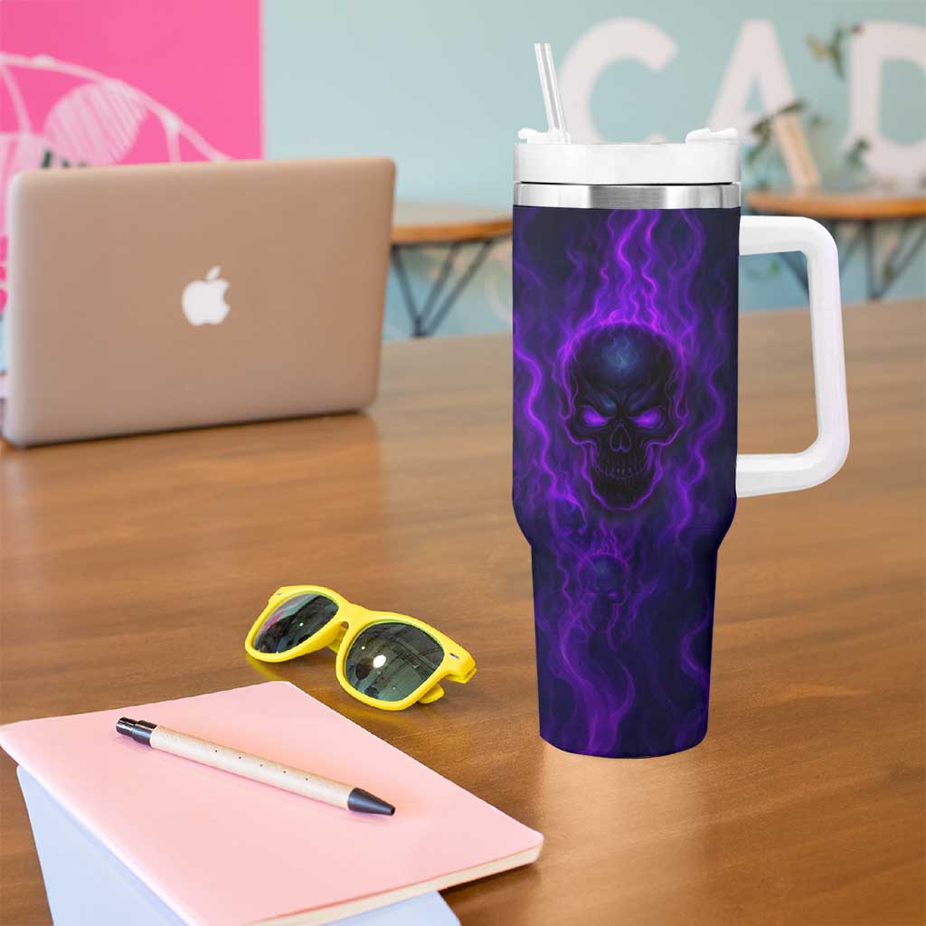 Custom Bowling Purple Flame Skull Tumbler With Handle Custom Team Name on Dark Background - Wonder Print Shop