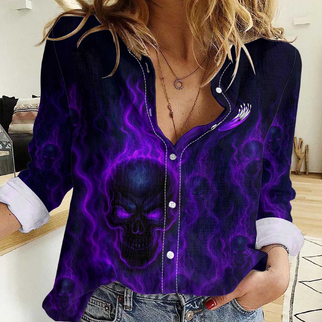 Custom Bowling Purple Flame Skull Women Casual Shirt Custom Team Name on Dark Background - Wonder Print Shop