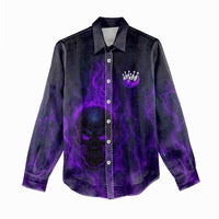 Custom Bowling Purple Flame Skull Women Casual Shirt Custom Team Name on Dark Background - Wonder Print Shop