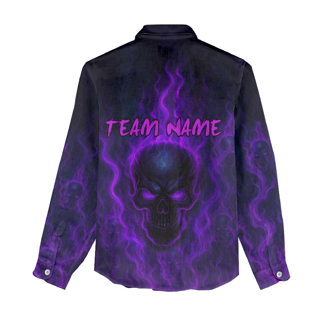 Custom Bowling Purple Flame Skull Women Casual Shirt Custom Team Name on Dark Background - Wonder Print Shop