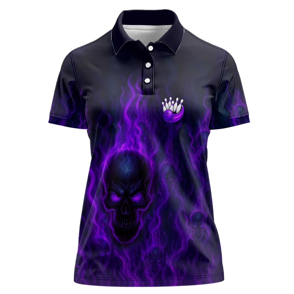Custom Bowling Purple Flame Skull Women Polo Shirt Custom Team Name on Dark Background - Wonder Print Shop