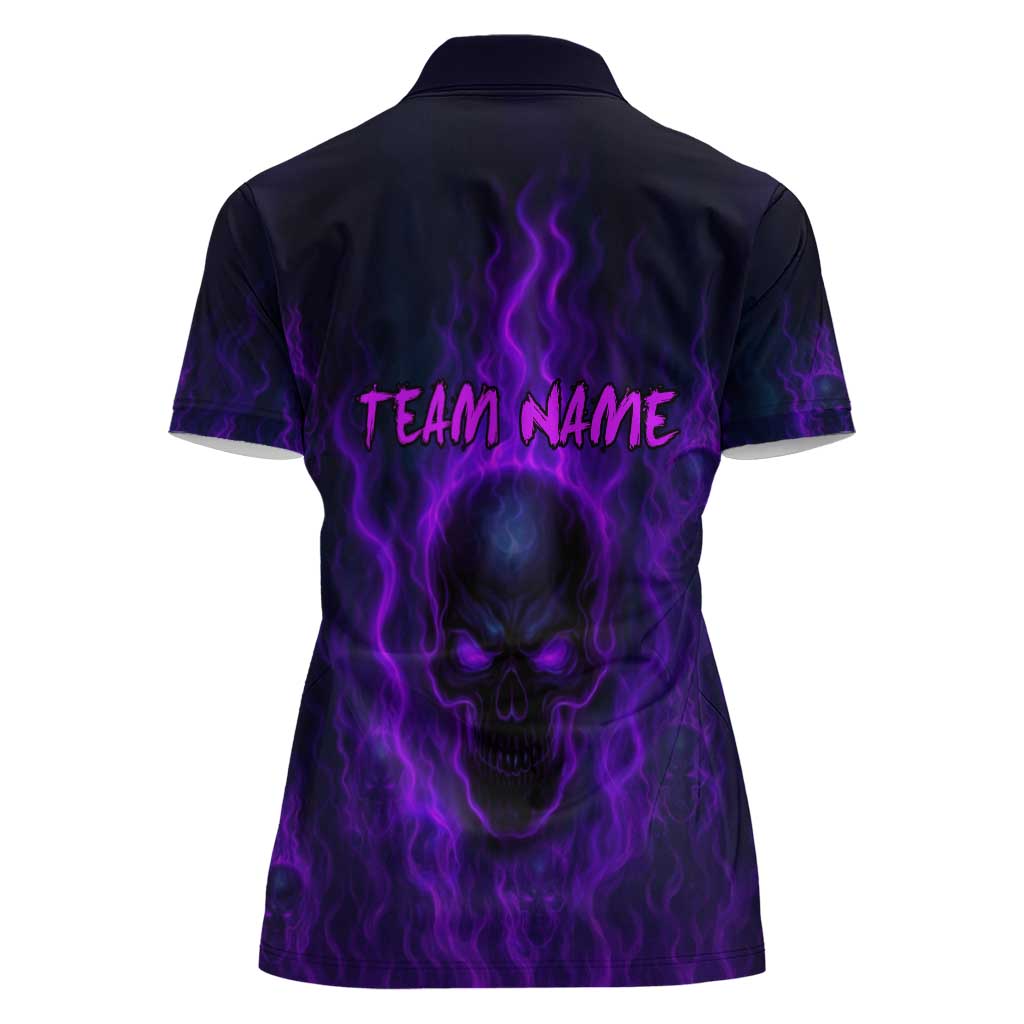 Custom Bowling Purple Flame Skull Women Polo Shirt Custom Team Name on Dark Background - Wonder Print Shop