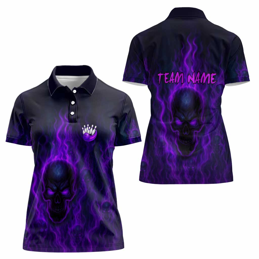 Custom Bowling Purple Flame Skull Women Polo Shirt Custom Team Name on Dark Background - Wonder Print Shop