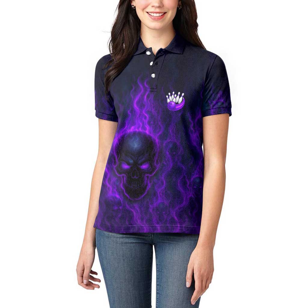 Custom Bowling Purple Flame Skull Women Polo Shirt Custom Team Name on Dark Background - Wonder Print Shop