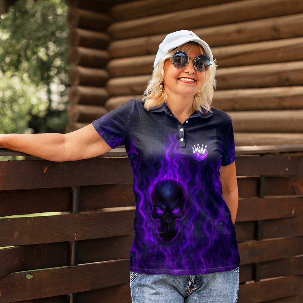 Custom Bowling Purple Flame Skull Women Polo Shirt Custom Team Name on Dark Background - Wonder Print Shop