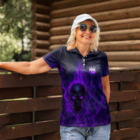 Custom Bowling Purple Flame Skull Women Polo Shirt Custom Team Name on Dark Background - Wonder Print Shop