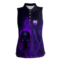 Custom Bowling Purple Flame Skull Women Sleeveless Polo Shirt Custom Team Name on Dark Background - Wonder Print Shop