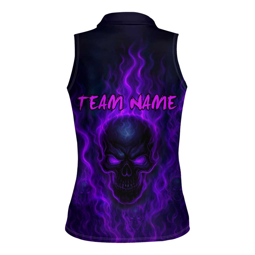 Custom Bowling Purple Flame Skull Women Sleeveless Polo Shirt Custom Team Name on Dark Background - Wonder Print Shop