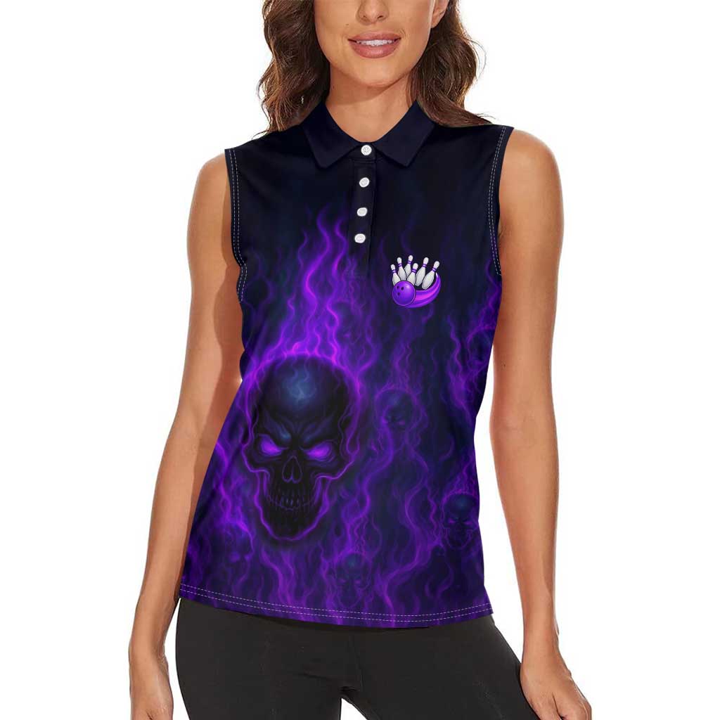 Custom Bowling Purple Flame Skull Women Sleeveless Polo Shirt Custom Team Name on Dark Background - Wonder Print Shop