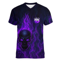 Custom Bowling Purple Flame Skull Women V-Neck T-Shirt Custom Team Name on Dark Background - Wonder Print Shop