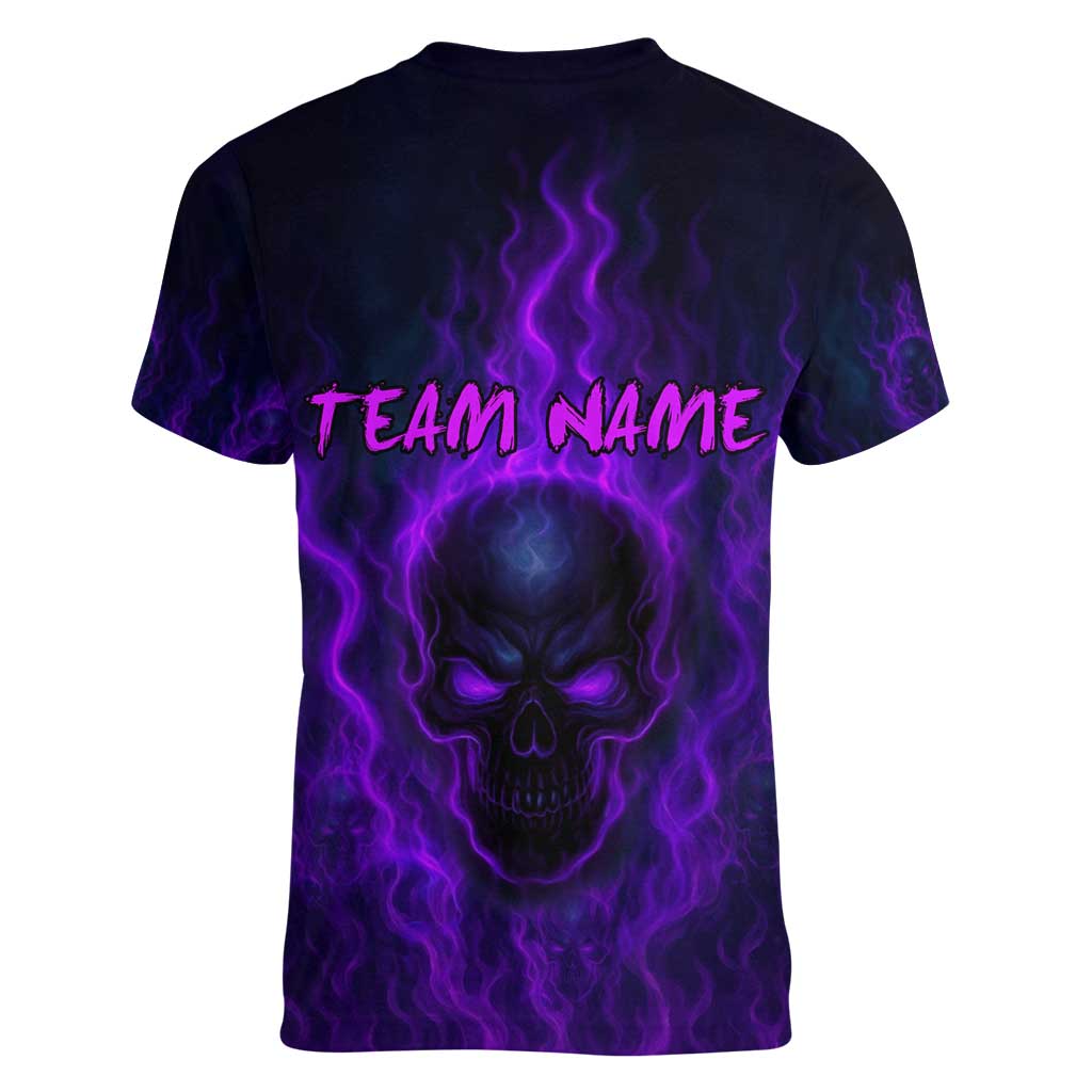 Custom Bowling Purple Flame Skull Women V-Neck T-Shirt Custom Team Name on Dark Background - Wonder Print Shop