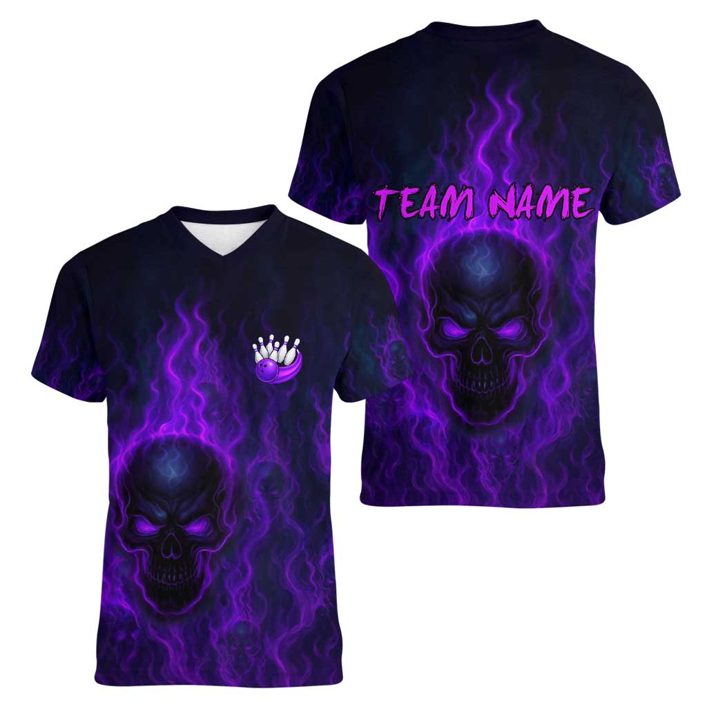 Custom Bowling Purple Flame Skull Women V-Neck T-Shirt Custom Team Name on Dark Background - Wonder Print Shop