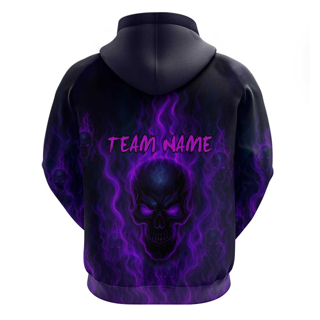 Custom Bowling Purple Flame Skull Zip Hoodie Custom Team Name on Dark Background - Wonder Print Shop