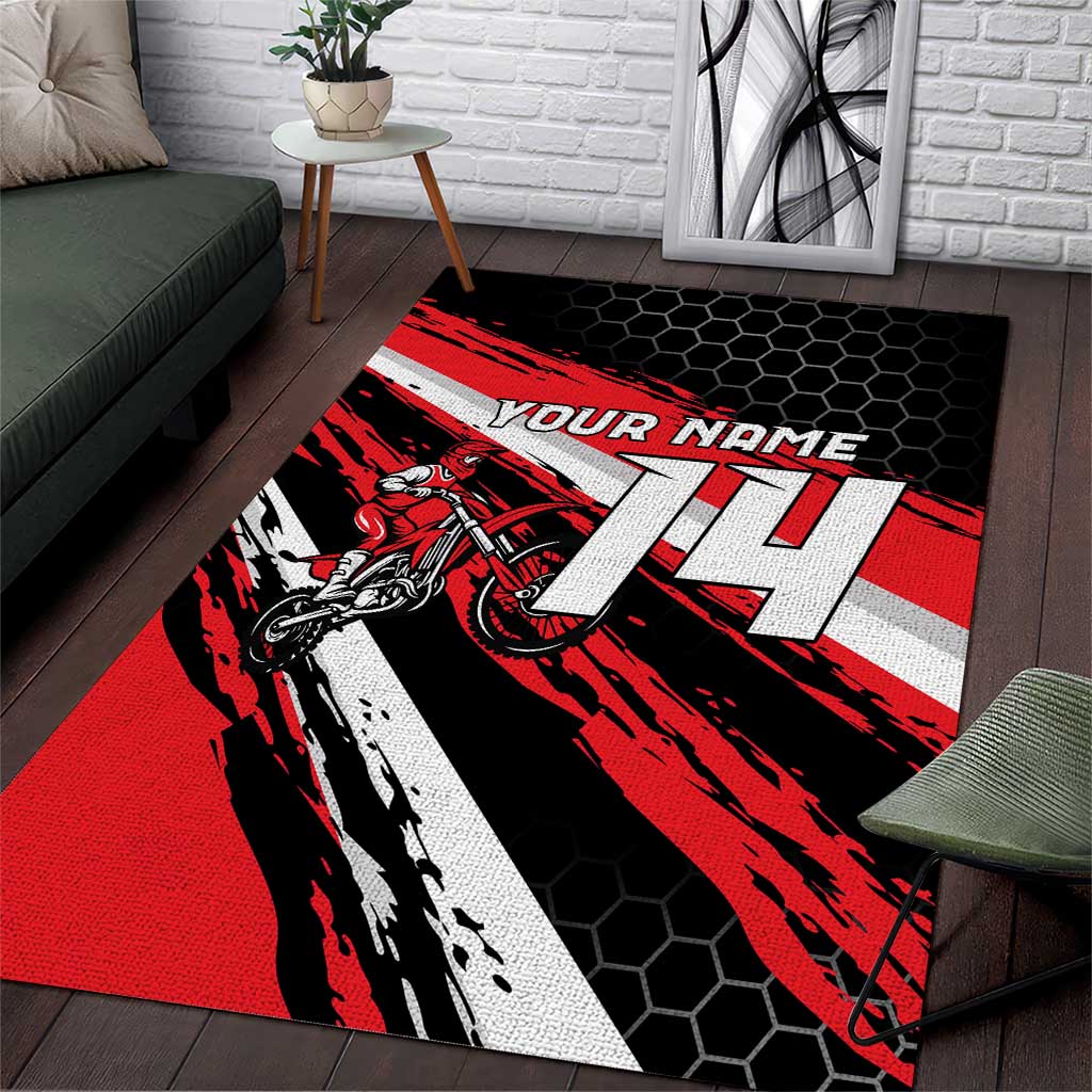 Custom Dirt Bike Area Rug Motocross Rider Red Black Hex Pattern and Racing Number - Wonder Print Shop