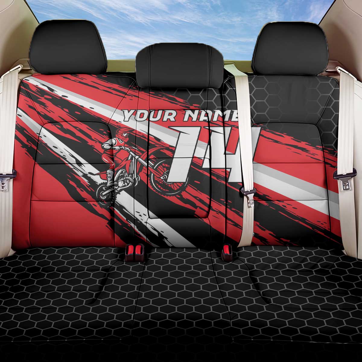 Custom Dirt Bike Back Car Seat Cover Motocross Rider Red Black Hex Pattern and Racing Number - Wonder Print Shop