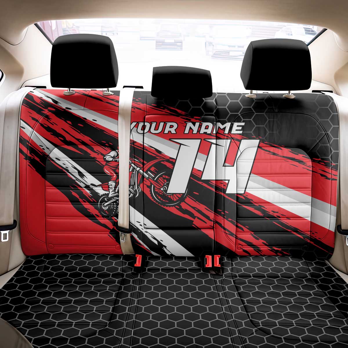 Custom Dirt Bike Back Car Seat Cover Motocross Rider Red Black Hex Pattern and Racing Number - Wonder Print Shop