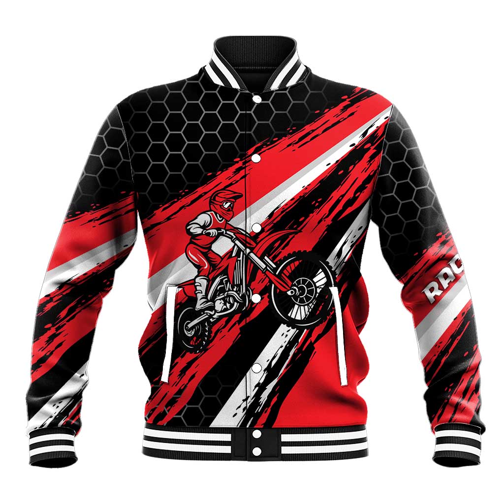 Custom Dirt Bike Baseball Jacket Motocross Rider Red Black Hex Pattern and Racing Number - Wonder Print Shop