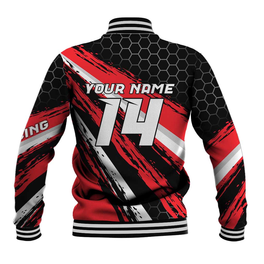 Custom Dirt Bike Baseball Jacket Motocross Rider Red Black Hex Pattern and Racing Number - Wonder Print Shop