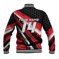 Custom Dirt Bike Baseball Jacket Motocross Rider Red Black Hex Pattern and Racing Number - Wonder Print Shop