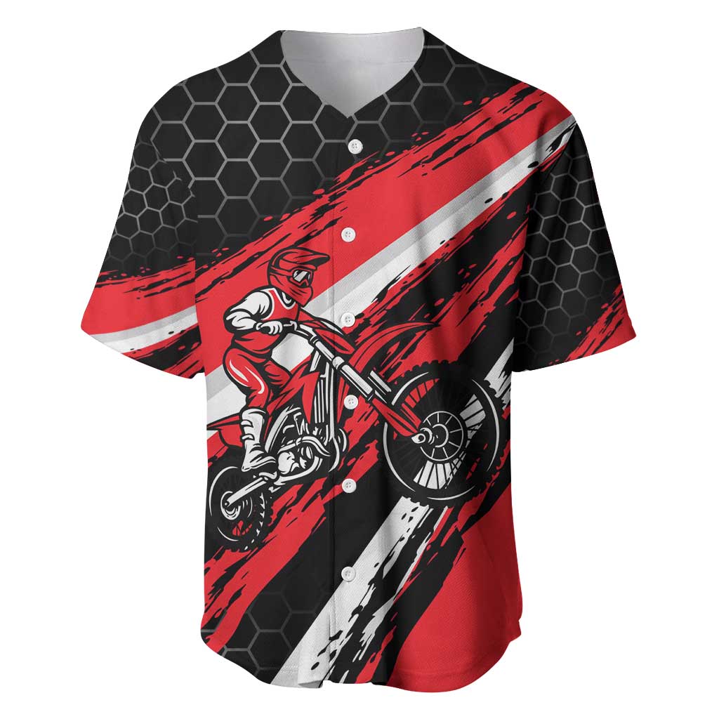 Custom Dirt Bike Baseball Jersey Motocross Rider Red Black Hex Pattern and Racing Number - Wonder Print Shop