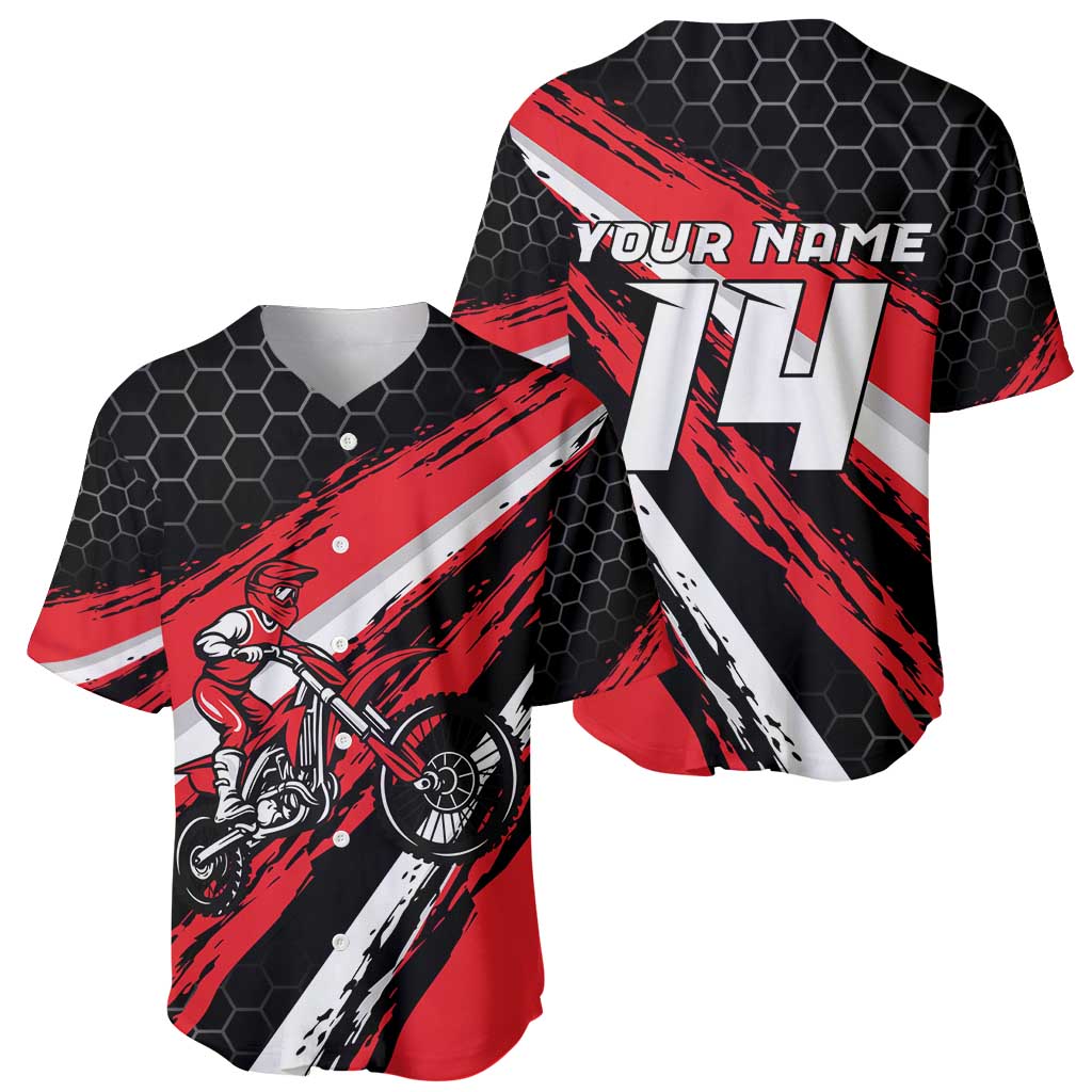 Custom Dirt Bike Baseball Jersey Motocross Rider Red Black Hex Pattern and Racing Number - Wonder Print Shop