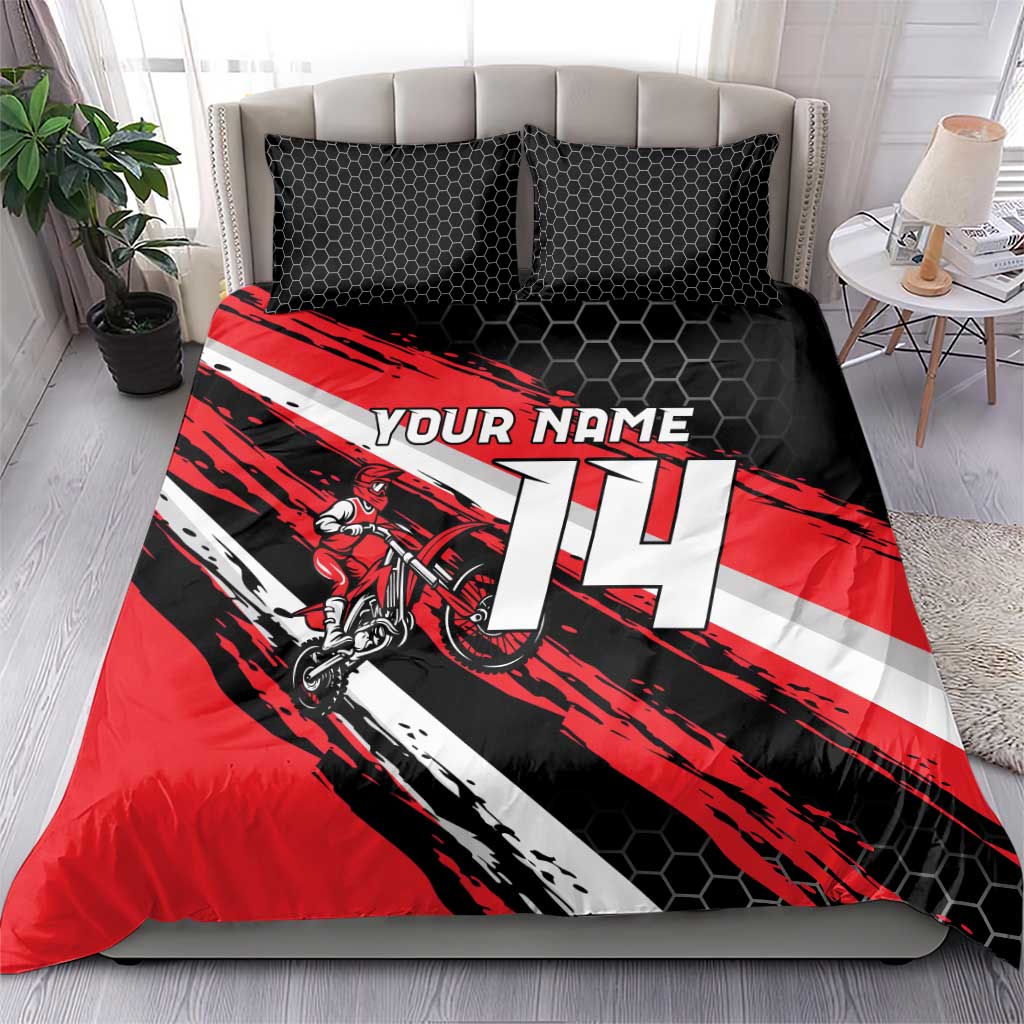Custom Dirt Bike Bedding Set Motocross Rider Red Black Hex Pattern and Racing Number - Wonder Print Shop