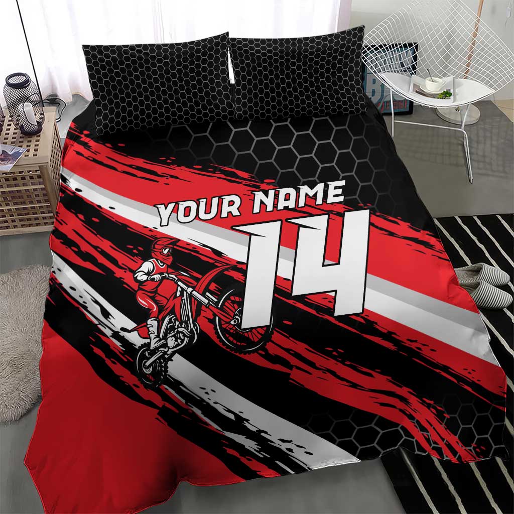 Custom Dirt Bike Bedding Set Motocross Rider Red Black Hex Pattern and Racing Number - Wonder Print Shop