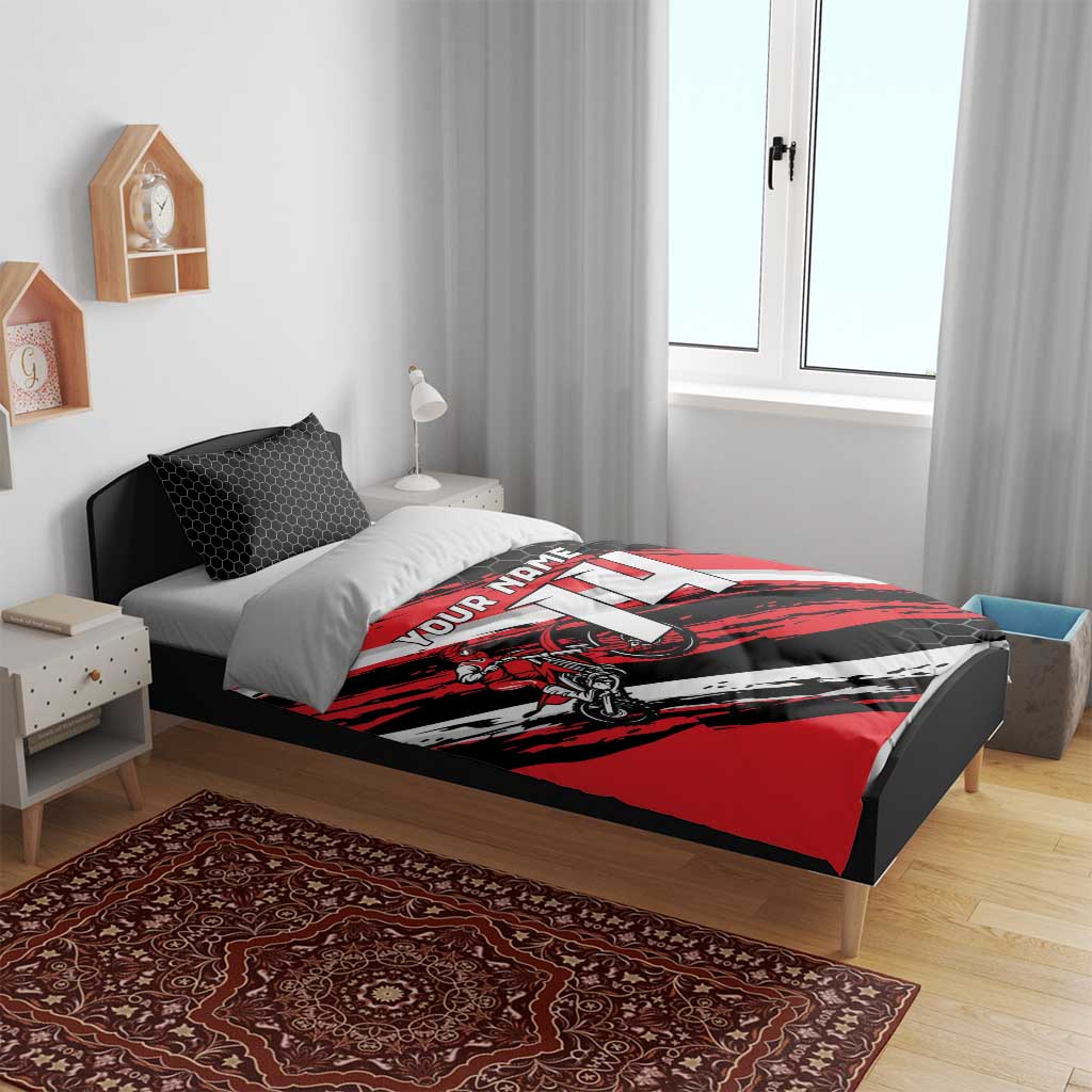 Custom Dirt Bike Bedding Set Motocross Rider Red Black Hex Pattern and Racing Number - Wonder Print Shop