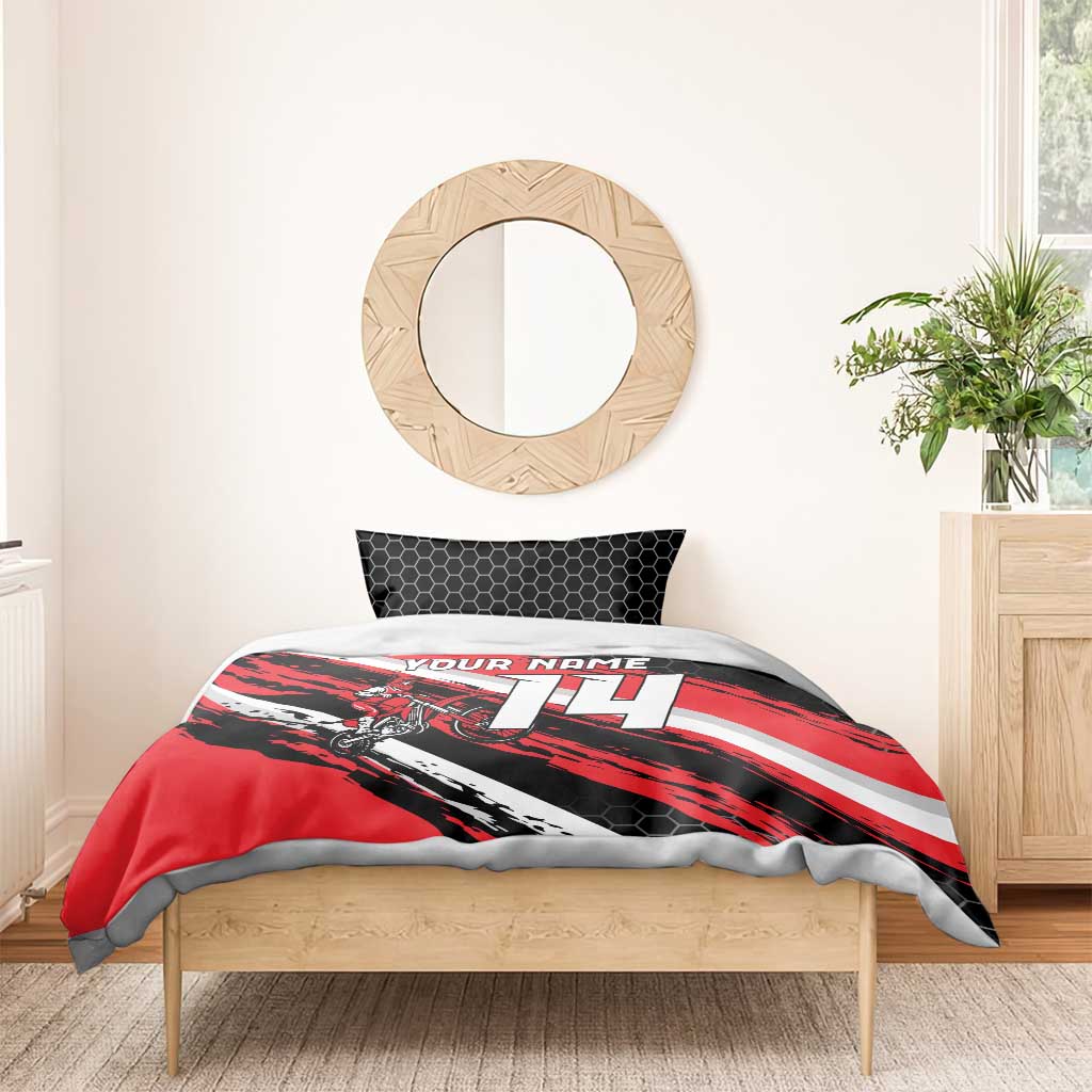 Custom Dirt Bike Bedding Set Motocross Rider Red Black Hex Pattern and Racing Number - Wonder Print Shop