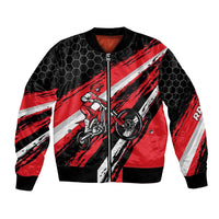 Custom Dirt Bike Bomber Jacket Motocross Rider Red Black Hex Pattern and Racing Number - Wonder Print Shop