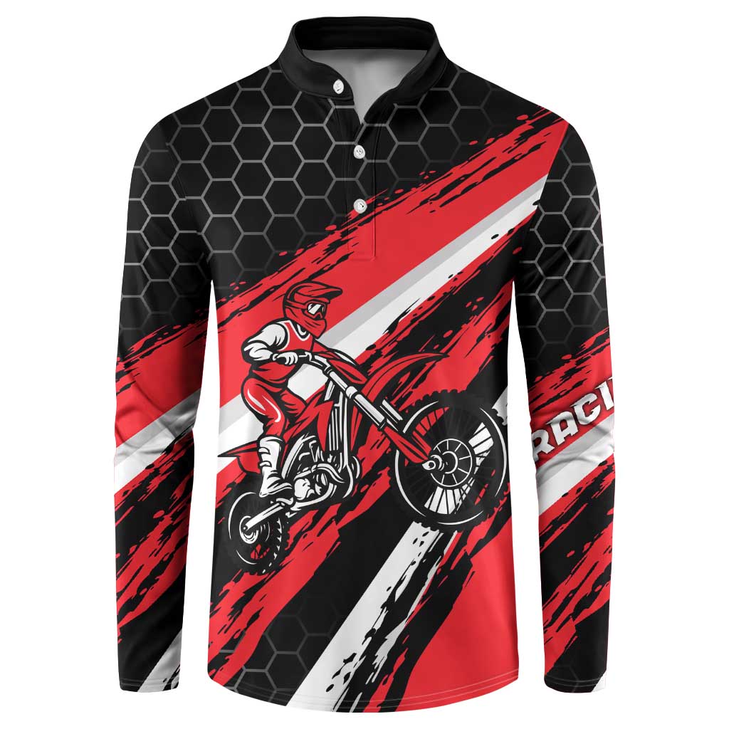 Custom Dirt Bike Button Sweatshirt Motocross Rider Red Black Hex Pattern and Racing Number - Wonder Print Shop