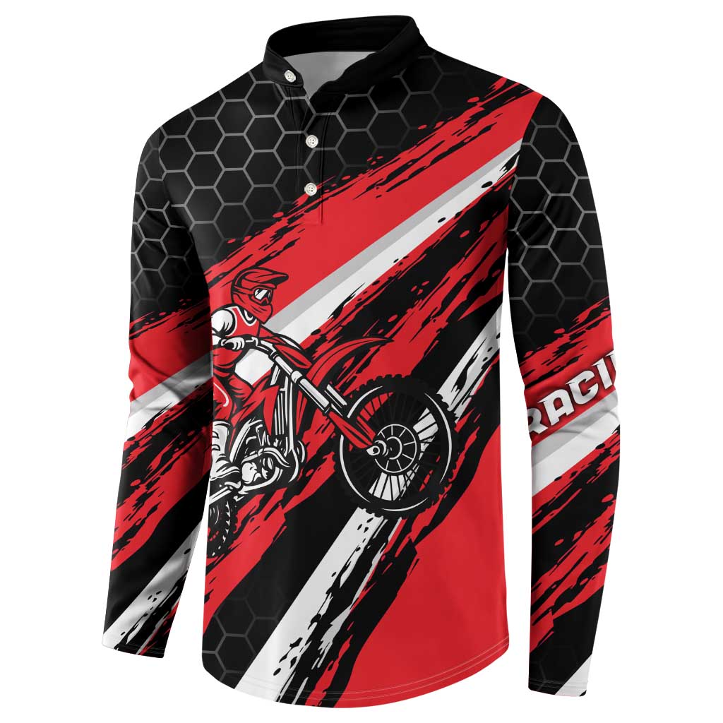 Custom Dirt Bike Button Sweatshirt Motocross Rider Red Black Hex Pattern and Racing Number - Wonder Print Shop