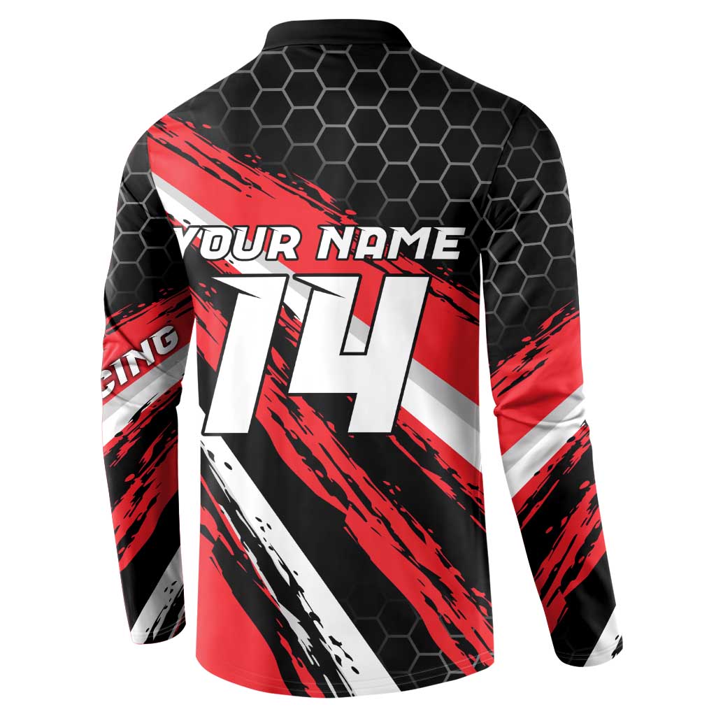 Custom Dirt Bike Button Sweatshirt Motocross Rider Red Black Hex Pattern and Racing Number - Wonder Print Shop
