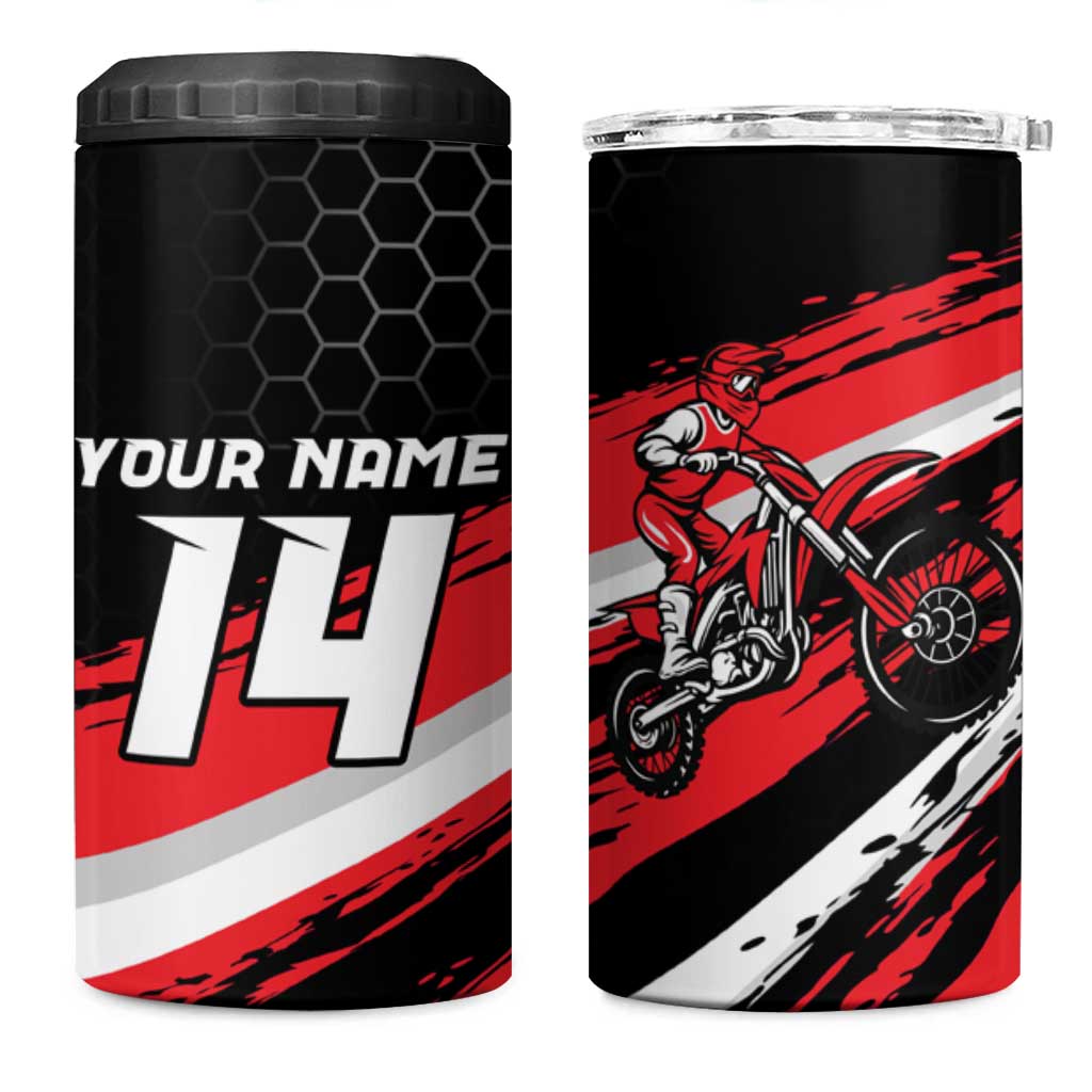 Custom Dirt Bike 4 in 1 Can Cooler Tumbler Motocross Rider Red Black Hex Pattern and Racing Number - Wonder Print Shop
