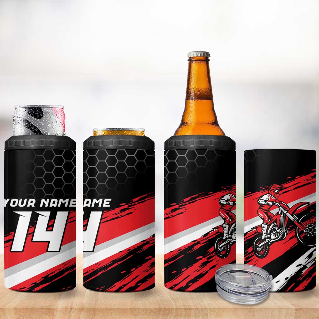 Custom Dirt Bike 4 in 1 Can Cooler Tumbler Motocross Rider Red Black Hex Pattern and Racing Number - Wonder Print Shop