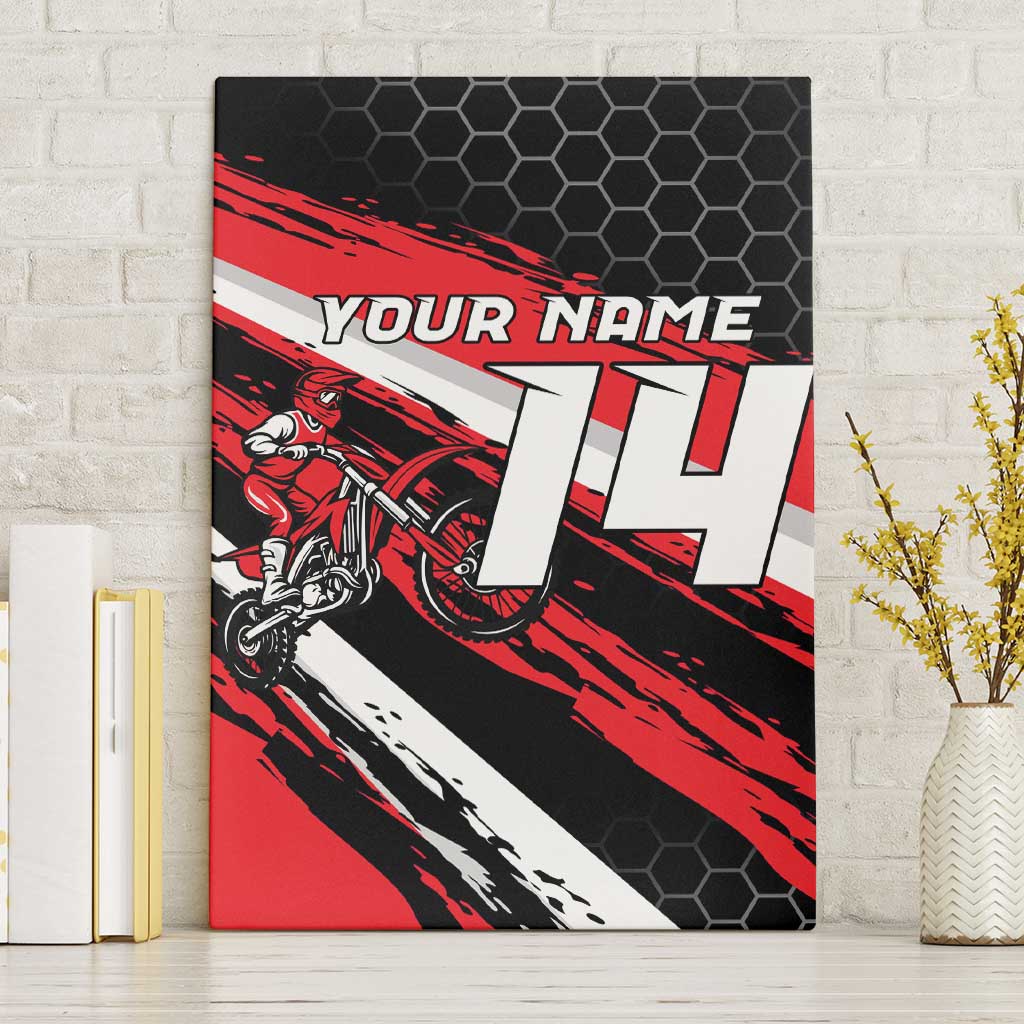Custom Dirt Bike Canvas Wall Art Motocross Rider Red Black Hex Pattern and Racing Number - Wonder Print Shop