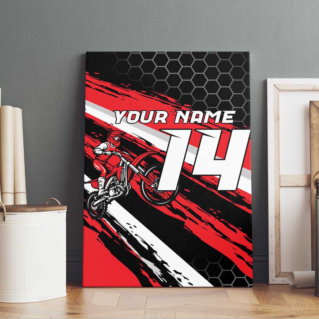 Custom Dirt Bike Canvas Wall Art Motocross Rider Red Black Hex Pattern and Racing Number - Wonder Print Shop