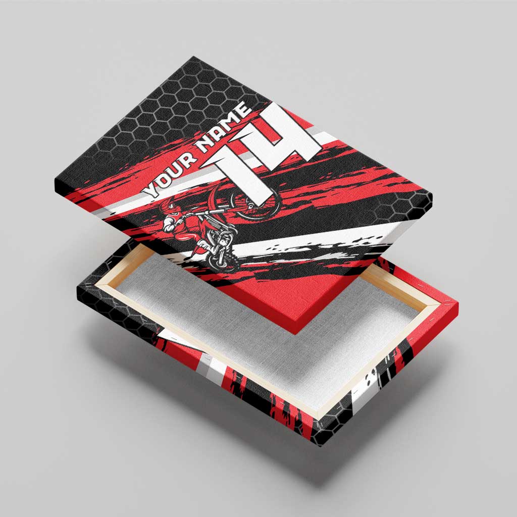 Custom Dirt Bike Canvas Wall Art Motocross Rider Red Black Hex Pattern and Racing Number - Wonder Print Shop