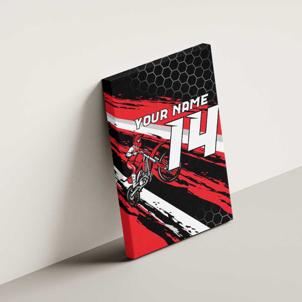 Custom Dirt Bike Canvas Wall Art Motocross Rider Red Black Hex Pattern and Racing Number - Wonder Print Shop