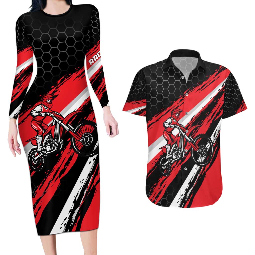 Custom Dirt Bike Couples Matching Long Sleeve Bodycon Dress and Hawaiian Shirt Motocross Rider Red Black Hex Pattern and Racing Number - Wonder Print Shop