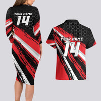 Custom Dirt Bike Couples Matching Long Sleeve Bodycon Dress and Hawaiian Shirt Motocross Rider Red Black Hex Pattern and Racing Number - Wonder Print Shop