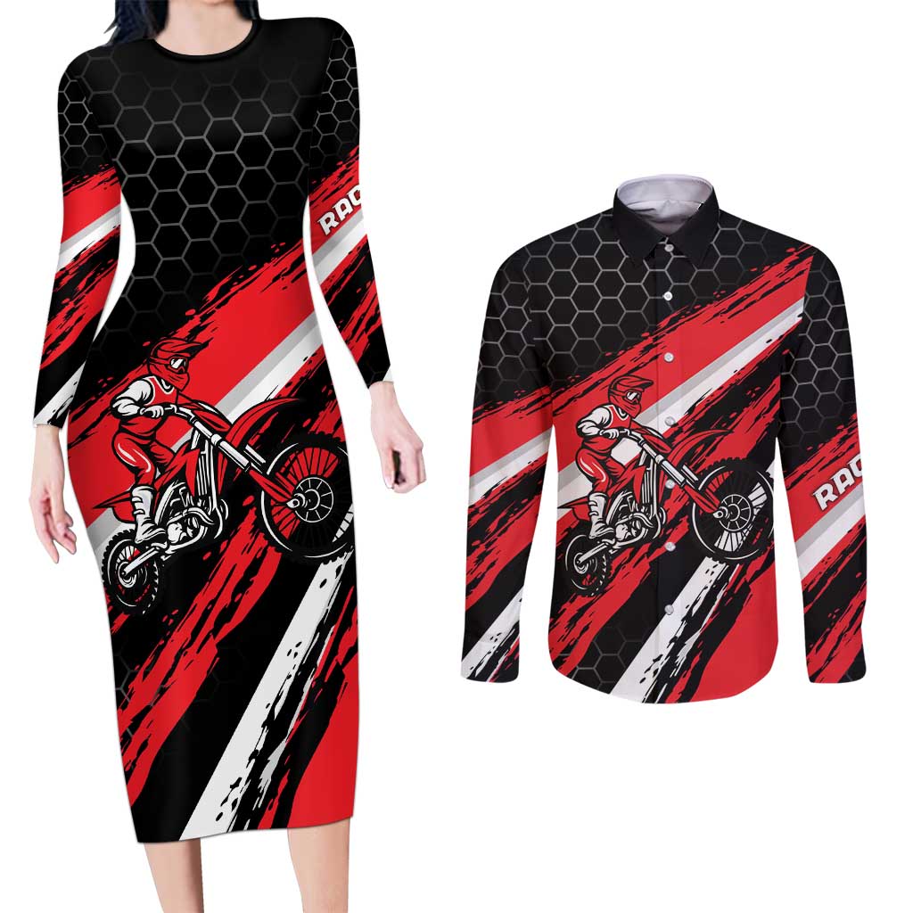 Custom Dirt Bike Couples Matching Long Sleeve Bodycon Dress and Long Sleeve Button Shirt Motocross Rider Red Black Hex Pattern and Racing Number - Wonder Print Shop