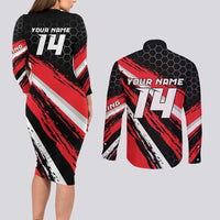 Custom Dirt Bike Couples Matching Long Sleeve Bodycon Dress and Long Sleeve Button Shirt Motocross Rider Red Black Hex Pattern and Racing Number - Wonder Print Shop