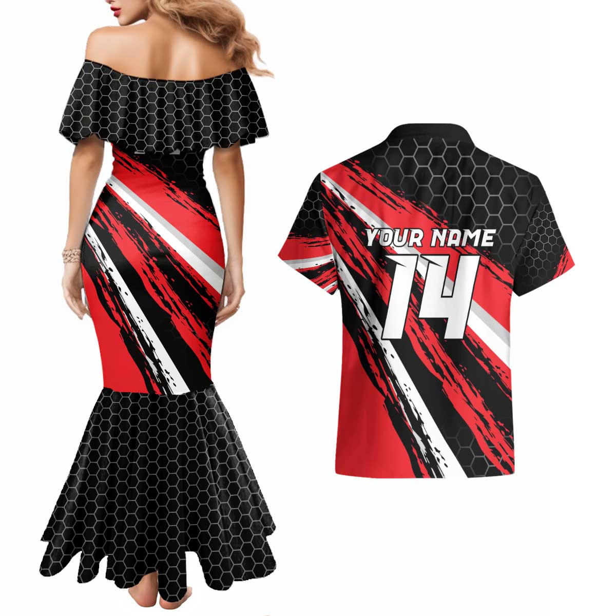 Custom Dirt Bike Couples Matching Mermaid Dress and Hawaiian Shirt Motocross Rider Red Black Hex Pattern and Racing Number - Wonder Print Shop