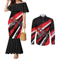 Custom Dirt Bike Couples Matching Mermaid Dress and Long Sleeve Button Shirt Motocross Rider Red Black Hex Pattern and Racing Number - Wonder Print Shop